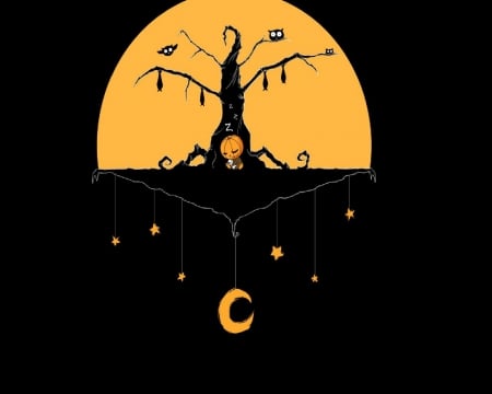 Dreaming Of Halloween - moon, pumpkin kid, tree, owls