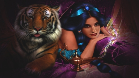 Beast and Beauty - women, beauty, fantasy, tigers