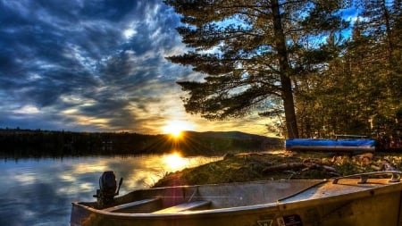 Boats at Lake - clouds, trees, sunset, reflection, sun, sky