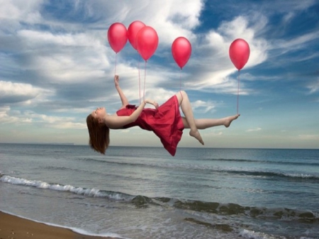 Floating - women, balloons, sky, clouds, water, sand, waves