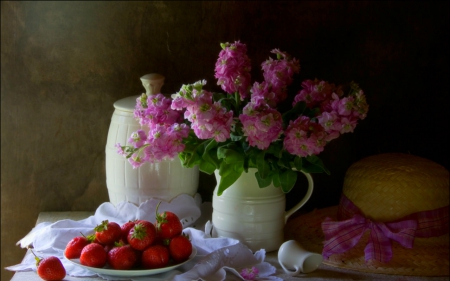 Still life - strawberry, hat, flowers, fruits, still life