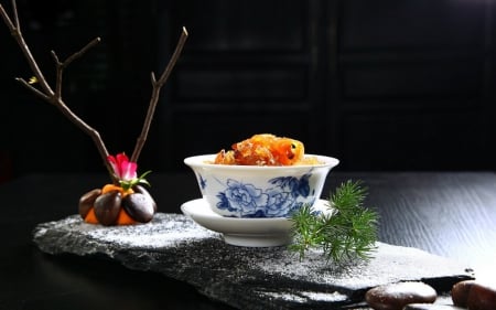 Still life - twigs, bowl, food, stones, Still life