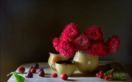 Still life - flowers, jars, still life, fruits