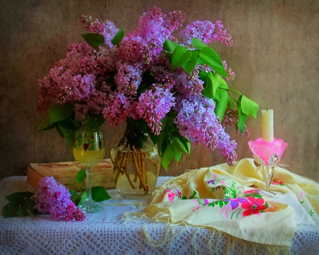 Still life - candle, flowers, Still life, glass