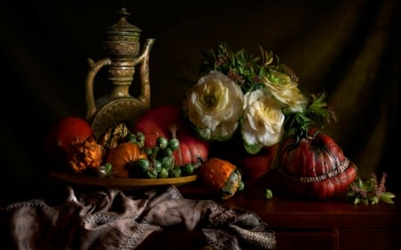 Still life - flowers, jars, pumpkin, Still life