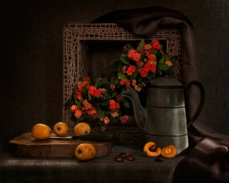 Still life - flowers, pot, still life, fruits