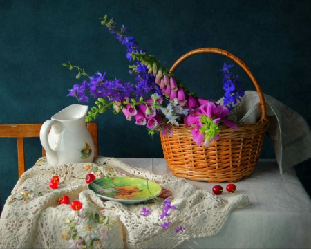 Still life - flowers, cloth, basket, still life