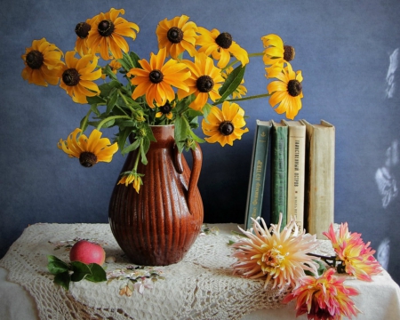 Still life - books, flower, jar, Still life