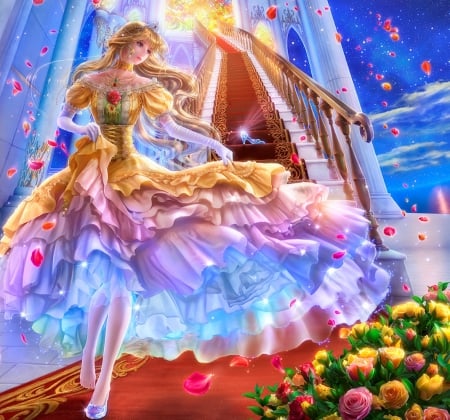 Glass Slipper - elegant, divine, female, blossom, maiden, dress, blonde, blond hair, long hair, sublime, staircase, blond, nice, gown, beautiful, girl, blonde hair, beauty, lovely, sweet, flower, petals, fantasy, lady, angelic, stair, floral