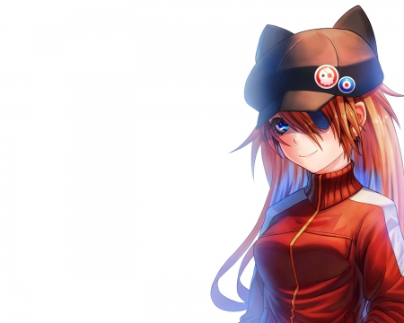 Evangelion - anime, female, neon, asuka, long hair, plain, asuka langley soryu, neon genesis evangelion, anime girl, eyepatch, girl, simple, cap, evangelion, white, jacket, genesis, eva, orange hair