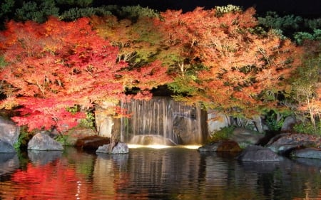 Autumn Evening - autumn, fall, trees, evening, water, waterfall, rocks