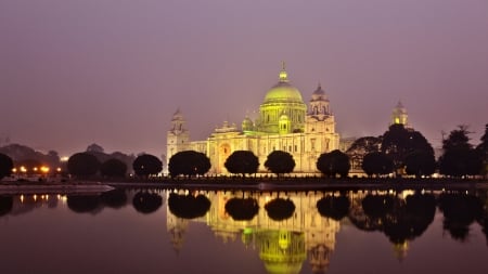 victoria memorial museum in calcutta india - trees, museum, lake, dusk, reflection