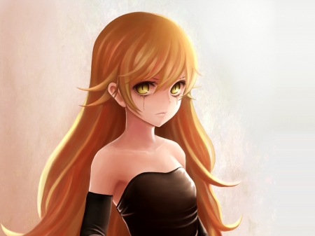 Evil Glare - anime, female, blonde, blond hair, bakemonogatari, long hair, emotional, sad, blond, plain, sorrow, oshino, yellow eyes, anime girl, shinobu, girl, simple, blonde hair, oshino shinobu