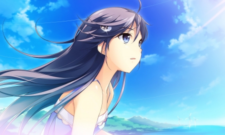 gentle girl in breeze of nice & sunny day - beach, pretty girl, blue eyes, anime, long hair, violet hair, blue sky, sea