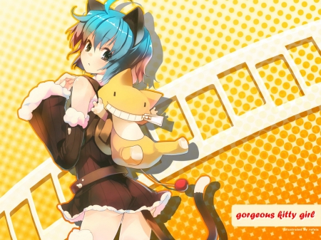 gorgeous kitty girl - tail, backpack plushie, anime girl, blue hair, pretty girl, teddy bear, cute, short hair, cat ears