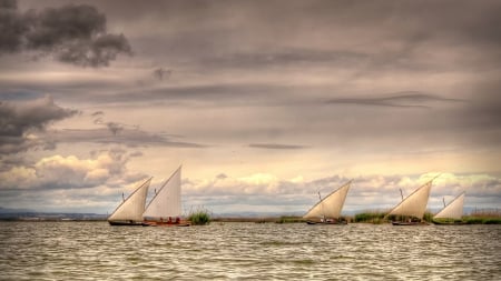 beautiful sailboats on a river in valencia spain hdr - clouds, river, hdr, grass, sailboats