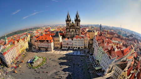 fish eye view of old town square in prague - square, fish eye, city, monument, cathedral