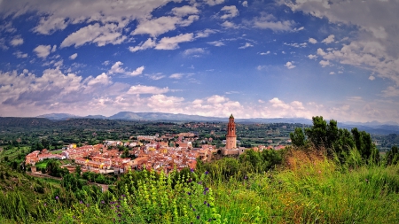 town of castellon de la plana spain - trees, town, clouds, mountains, flowers