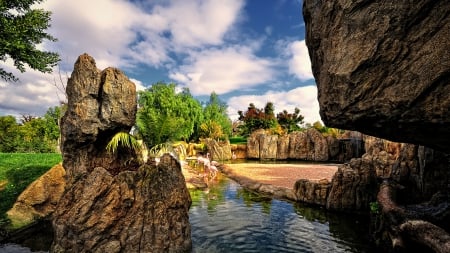 flamingos in a gorgeous park  hdr - trees, falls, clouds, hdr, pond, rocks, birds