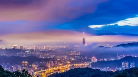 taipei taiwan in a fantastic fog at twilight - lights, city, fog, twilight, skyscraper