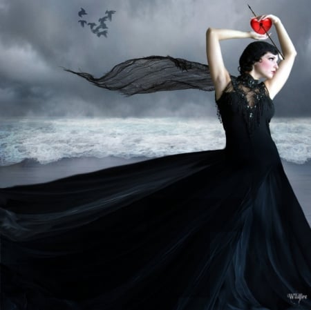 CUPID'S ARROW - BLACK, DRESS, GOTHIC, BEACH, BIRDS, HEART, ARROW, WAVES, FEMALE, OCEAN