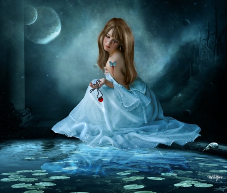 THE BLUES - moon, sky, stars, female, lilypond, heart, night, butterfly, reflection, blue, dress