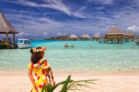 Bora Bora Canoe and Beach - villas, lagoon, blue, beach, boat, island, garland, polynesia, sand, south pacific, tahiti, flowers, aqua, exotic, greeting, paradise, canoe, luxury, bungalows, lei, water, sea, ocean, islands, white, tropical, bora bora, clear