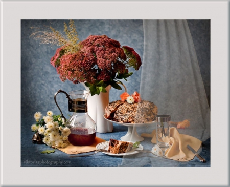 September desert - season, photography, still life, juice, photographer, art, tasty, arrangement, artist, drink, fresh, chrysanthemums, vase, cup, nature, cake, abstract, flowers, dessert