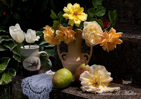 Viktoria's roses - beauty, freshness, roses, pears, photography, tulips, still life, white, photographer, art, yellow, petals, orange, garden, artist, soft, fruits, smell, vase, abstract, beautiful, flowers, colors