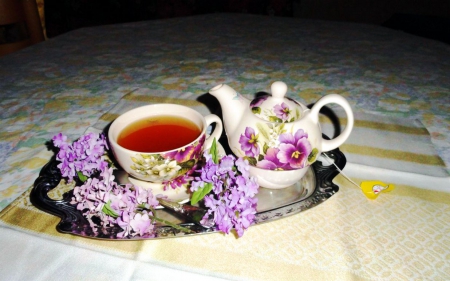 Tea Time - tablet, blossoms, teapot, cup