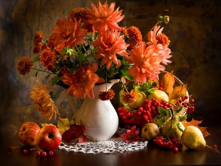 Colorful and rich autumn - season, autumn, pears, colorful, basket, still life, white, yellow, pretty, dahlias, fruits, chrysanthemums, apples, vase, nature, rusty, pink, leaves, rich, flowers, colors, natural