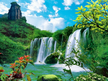 Waterfall - calm, greenery, quiet, trees, water, beautiful, lovely, flowers, nature, green, serenity, hidden, nice, paradise, emerald, sky