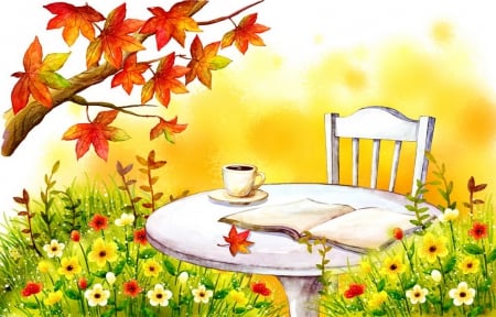 Autumn rest - season, nice, freshness, autumn, book, foliage, painting, calm, fall, art, table, tree, garden, relax, coffee, falling, tea, lovely, chair, nonebook, beautiful, rest, leaves, flowers