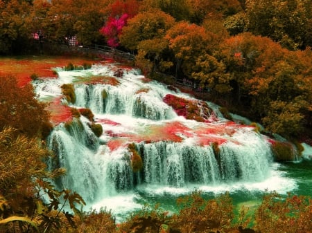 Autumn waterfall - nice, slope, autumn, falling, cascades, trees, lovely, waterfall, foliage, nature, fall, red, beautiful