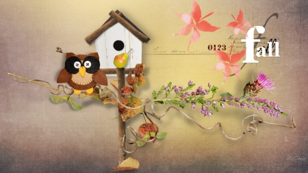 Autumn Owl Treat - bird, whimsical, leaves, flowers, pear, owl, fall, bird house, autumn, cute