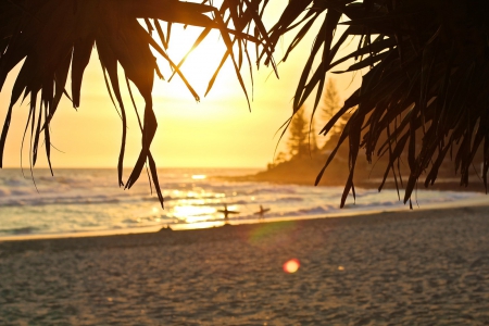 Sunset Surf - beach, sky, surf, paradise, sunset, hawaii, surfing, polynesia, evening, orange, dusk, sand, ocean, islands, tropical, exotic, island, hawaiian, sea