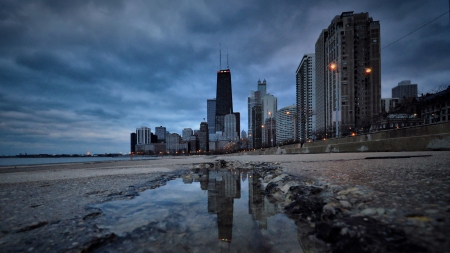 chicago in a puddle - clouds, shore, skyscrapers, lake, city, puddle