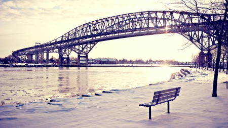 Winter Bench Bridge - winter bench bridge, scenic winter, park bench, winter bridge, winter beach, winter bench