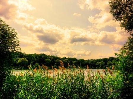 late midday clouds - cloud, lake, green, sun