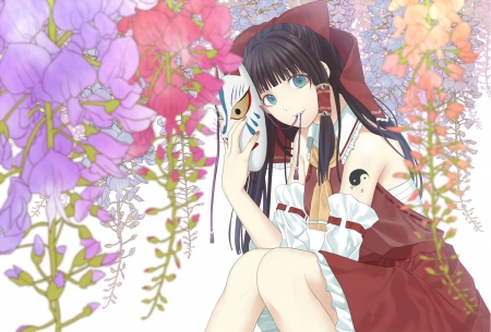 ~Hakurei Reimu~ - dark hair, mask, blue eyes, hakurei reimu, touhou, pretty, bow, anime, flowers