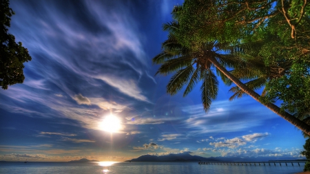 sundown in the tropics - clouds, palms, pier, sundown, sea