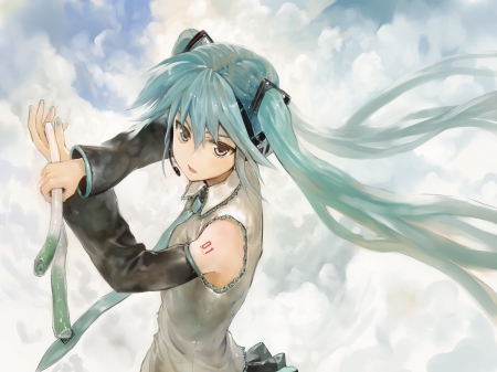 Take This!!!! - clouds, tie, anime, vocaloid, hatsune miku, blue hair, ponytails, sky, leek, blue eyes