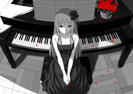 The Lovely Pianist - piano, roses, anime, dress, girl, lovely, petals, long hair, flowers, music sheets