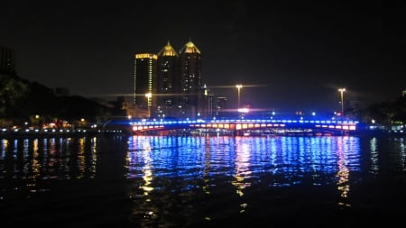 Riverside Night Scene - building, night scene, city, bridge, riverside