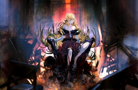 Skull Throne - red, black, beauty, beautiful, blonde, dark, anime, girl, dress, blue, long hair, skulls, light