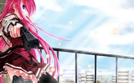 shooting - beauty, rude, sky, girl, school, light, long hair, lovely, sweetmpretty, pink, clouds, beautiful, anime, uniform