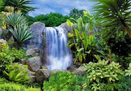 Waterfall - pretty, calm, quiet, summer, flowers, hidden, plants, paradise, nice, place, sky, clouds, falling, greenery, palms, water, beautiful, lovely, fall, tropics, nature, waterfall, green, serenity