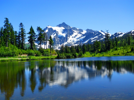 Mount Shuksan - nice, sky, trees, water, clear, mirrored, rocks, calm, crystal, quiet, reflection, river, grass, snowy, cliffs, lake, mountain, mount, shore, lovely, peak, serenity, nature, shuksan, blue, tranquil, beautiful