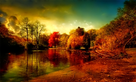 October - falling, foliage, beautiful, leaves, october, golden, tree, nature, autumn, colorful, shine, fall, glow, pretty, mirrored, branches, reflection, nice, lovely, colors