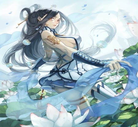 Beauty Girl - beauty, white, pretty, green, anime, ribbon, garden, cute, sexy, girl, long hair, lovely, plants, beautiful, blue, sweet, flowers, dress